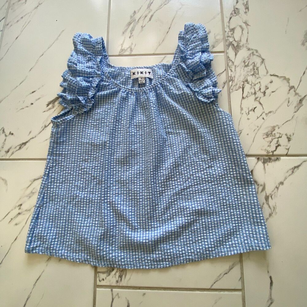 Kikit Women Small Blue White Gingham Ruffle Sleeve Sleeveless Blouse Top